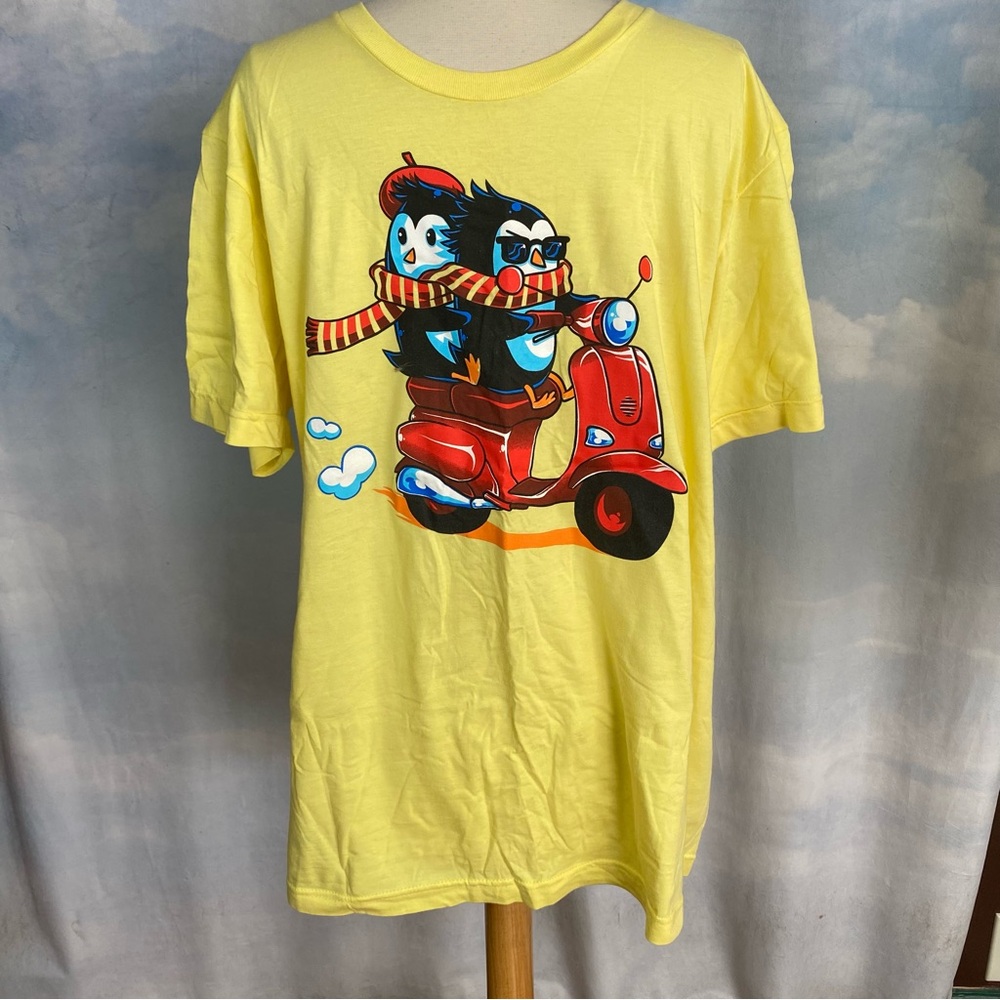 Yellow Short Sleeve Tee with Penguin Scooter Graphic